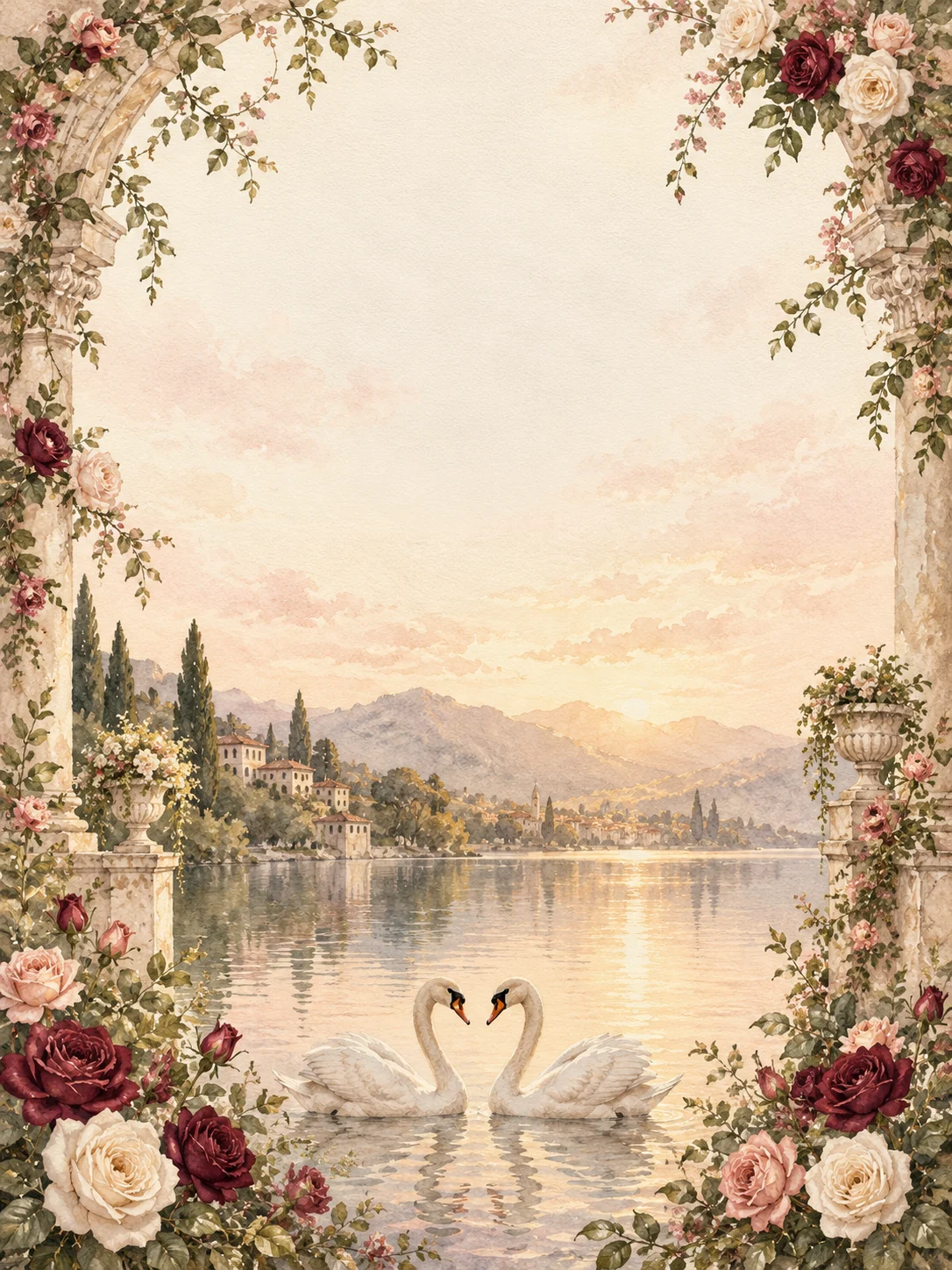 Two swans in a watercolour rose garden beneath a floral arch