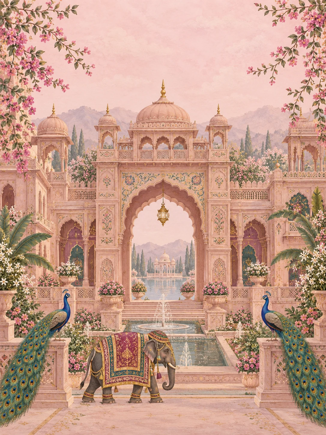 A rose-pink palace garden with peacocks and a ceremonial elephant